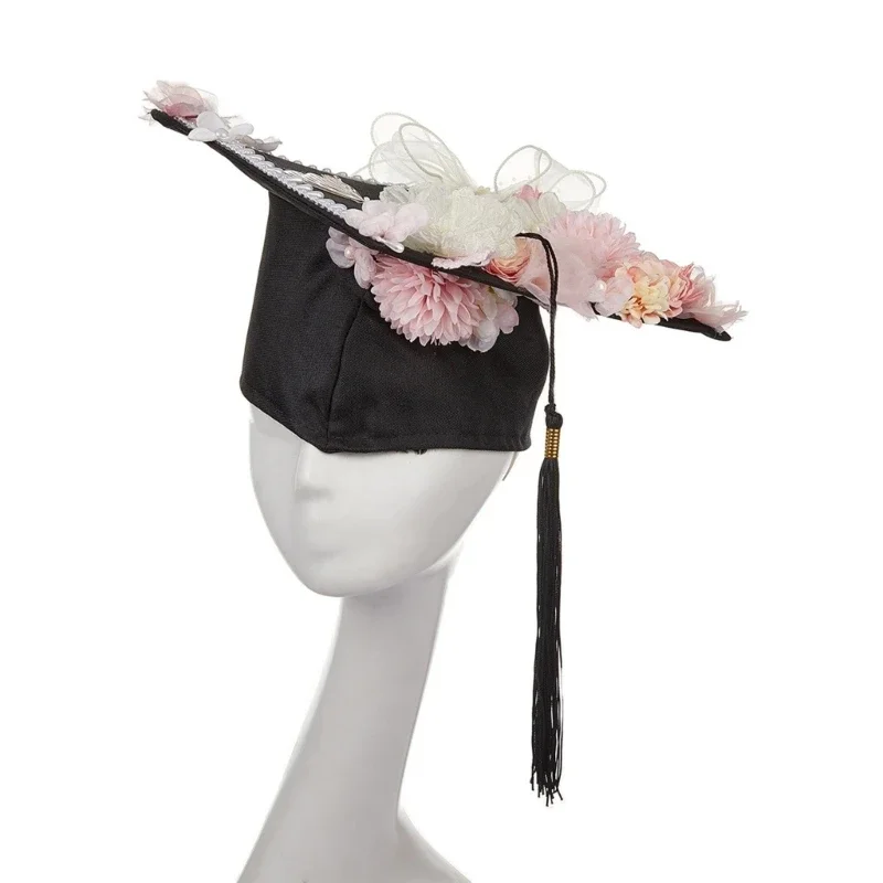 

Graduation Hat with Realistic Flower Adult Bachelor Caps College Doctor Teens Unisex Graduation Party Decorative Hat