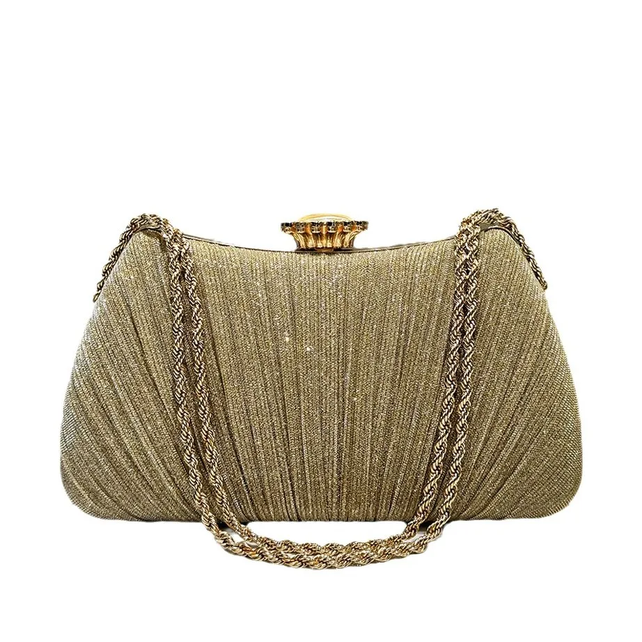 

Gold glitter pleated chain decorative handbag evening bag, women's fashion temperament elegant clutch bag dinner bag