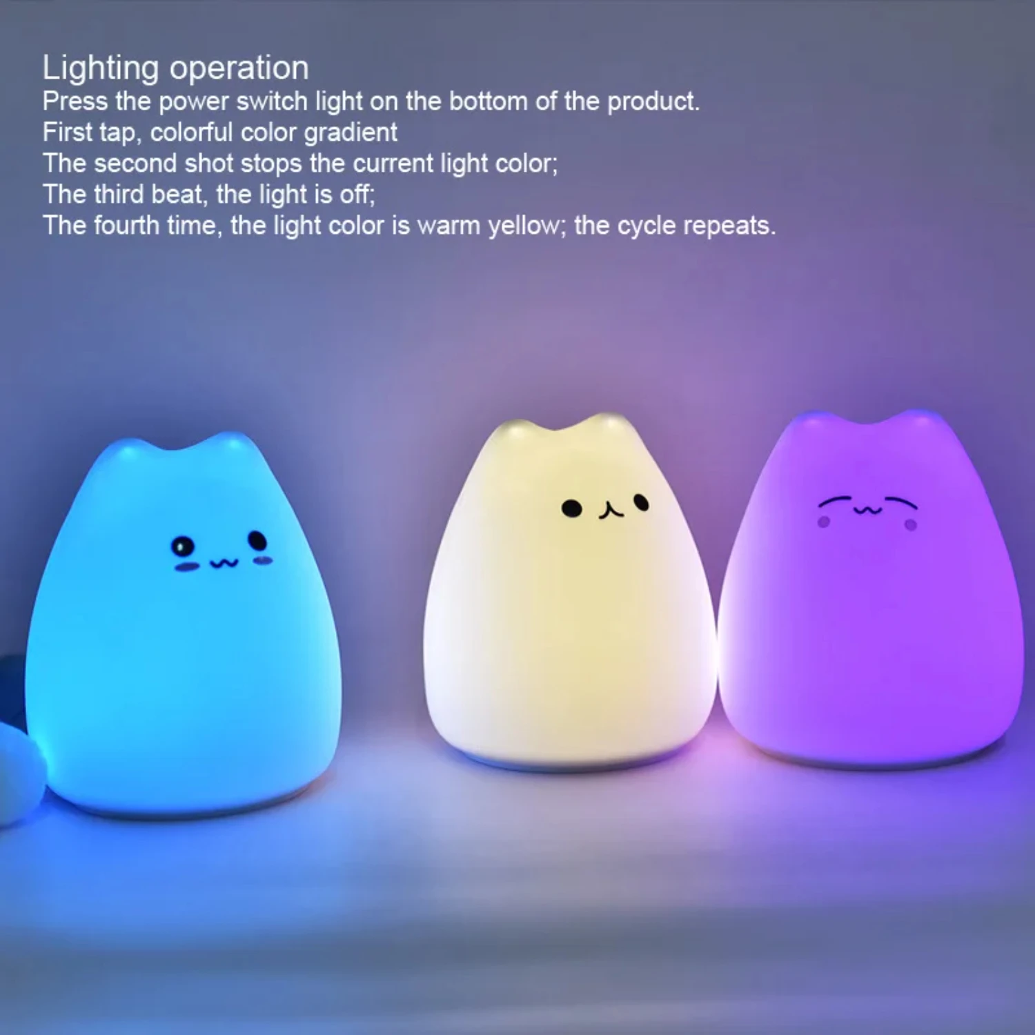 Adorable Wireless Sensor Silicone Cat Night Light - Charming LED Lamp for Child's Bedroom or Desktop Decoration - Battery Operat