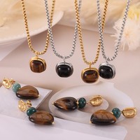 Tiger Eye Stone Pendant Stainless Steel Necklaces For Women Men 18K Gold Plated Women's Men's Neck Chain Necklace Couple Jewelry
