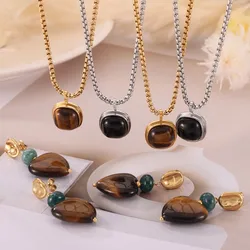 Tiger Eye Stone Pendant Stainless Steel Necklaces For Women Men 18K Gold Plated Women's Men's Neck Chain Necklace Couple Jewelry
