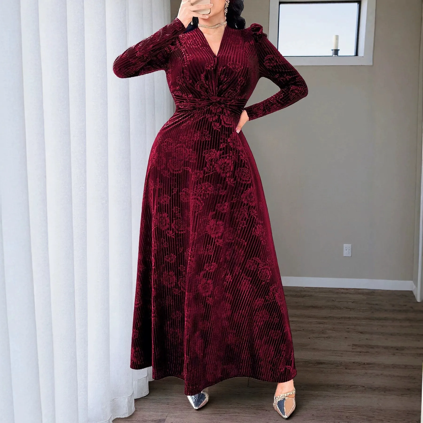 V Neck Long Sleeve Gown Flared Elegant with Side Zip Maxi Length Flocked Commuter Chic Flared Skirt Dress Summer for Women