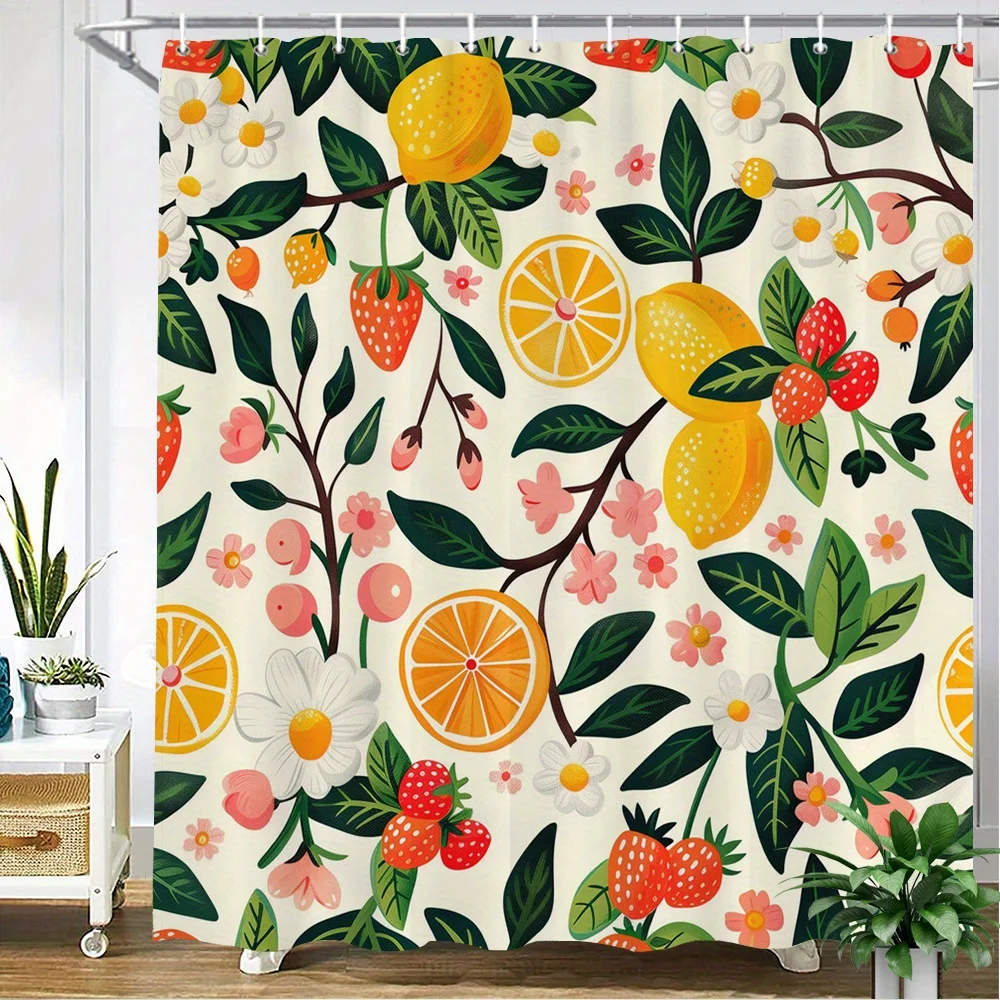 Fresh Summer Fruit Botanical Shower Curtain Polyester Digital Printed Colorful Repeat Pattern of Lemons, Strawberries