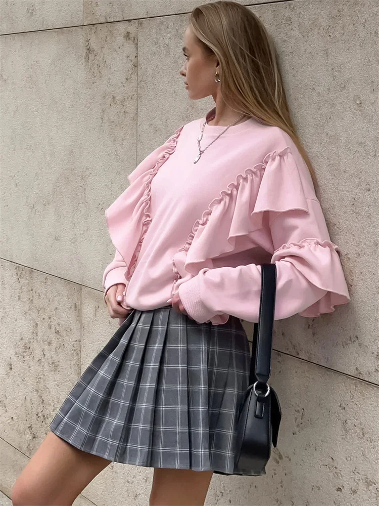 2025 Autumn Knit Ruffled Pullover Women's Patchwork Fashion Loose Solid High Waist Knitwear Sweatshirts Female Elegant Hoodies