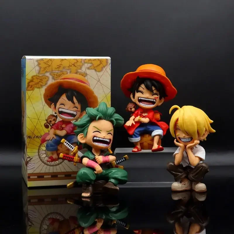 One Piece Anime Figure Sitting Laughing Luffy Action Figures Kawaii Sanji Zoro Figurine Room 13cm Car Ornaments Collection Toys