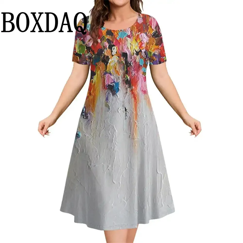 2025 novos vestidos femininos 3d flores padrão impressão manga curta vestido solto casual moda a linha vestido de verão vestidos tamanhos grandes