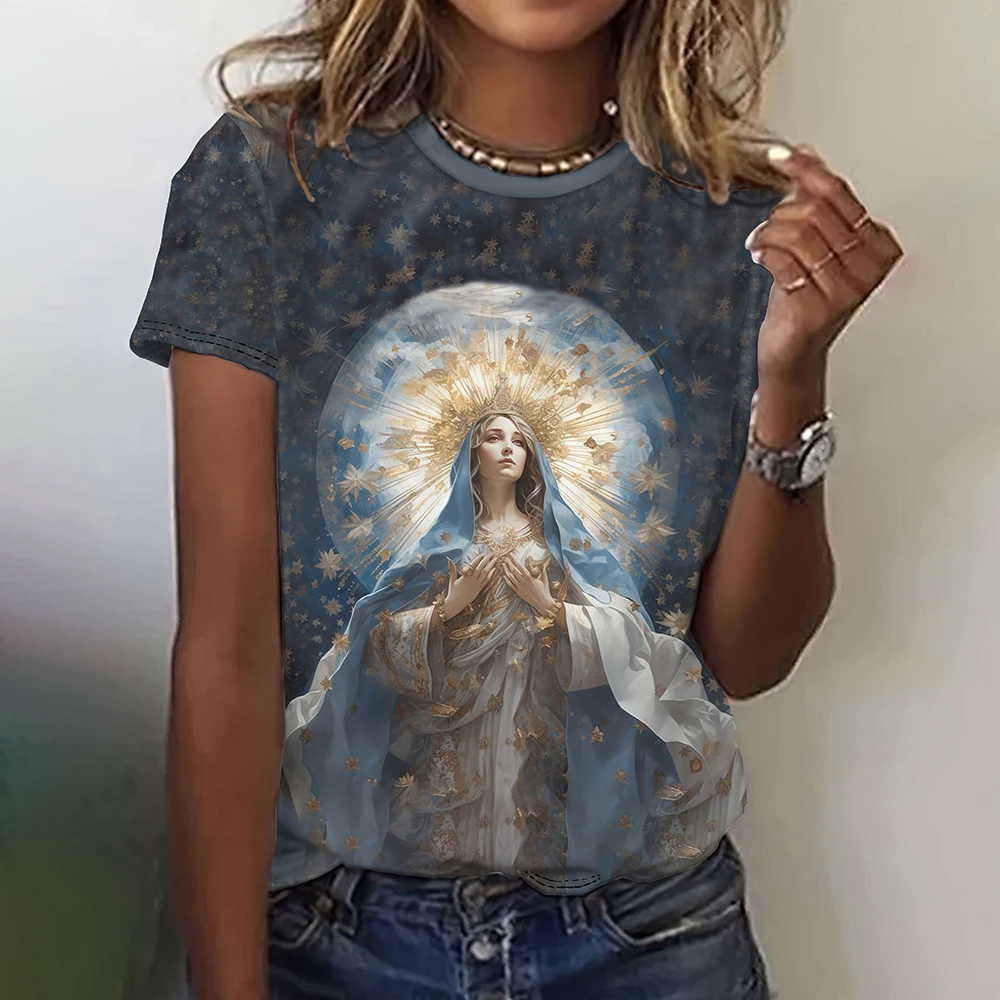 Vintage Women\'s T-shirts Crucifix Pattern Print Tees Jesus Retro Tops Casual O-neck Short Sleeves Pullover Summer Loose T shirt