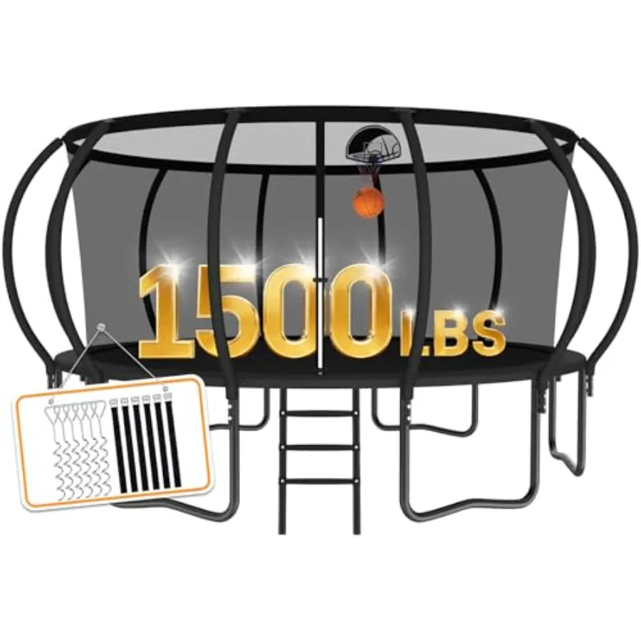 

Trampoline 1500LBS 8-16FT for and Adults with Enclosure Net Wind Stakes Basketball Hoop Heavy Duty Recreational Trampoline ASTM