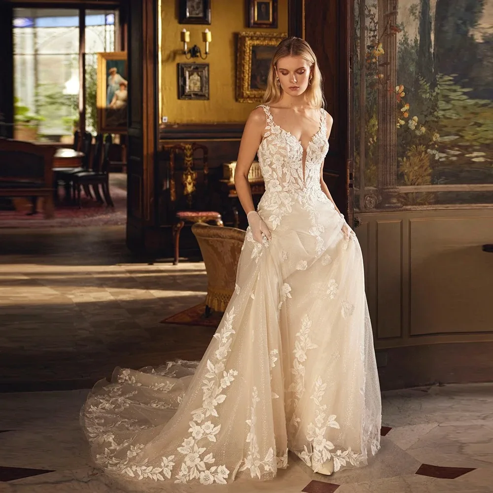 

Кружевные свадебные платья в стиле бохо с v-образным вырезом и аппликацией трапециевидной формы, тюлевые свадебные платья принцессы на тонких бретельках, платье de novia