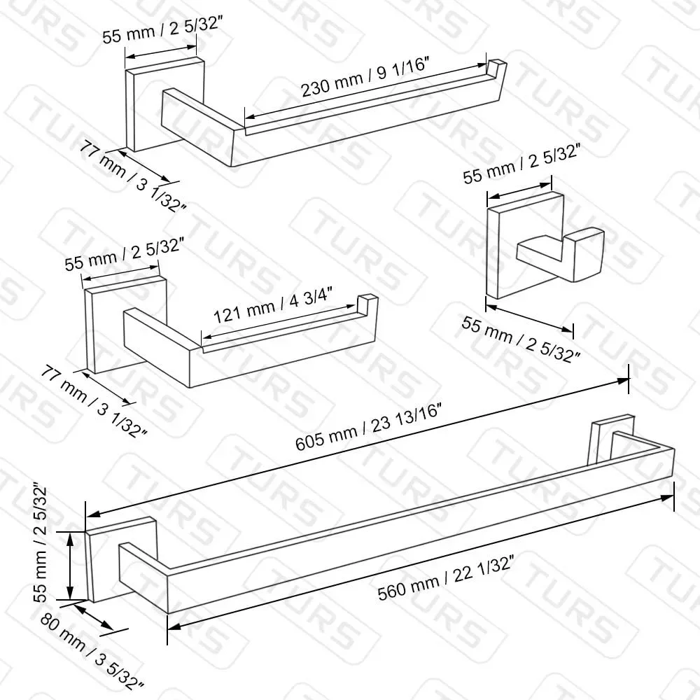 SUS304 Aço Inoxidável Toalha Bar Set, Hardware Banheiro Preto, Wall Mounted,23.6 ", 5 Pcs