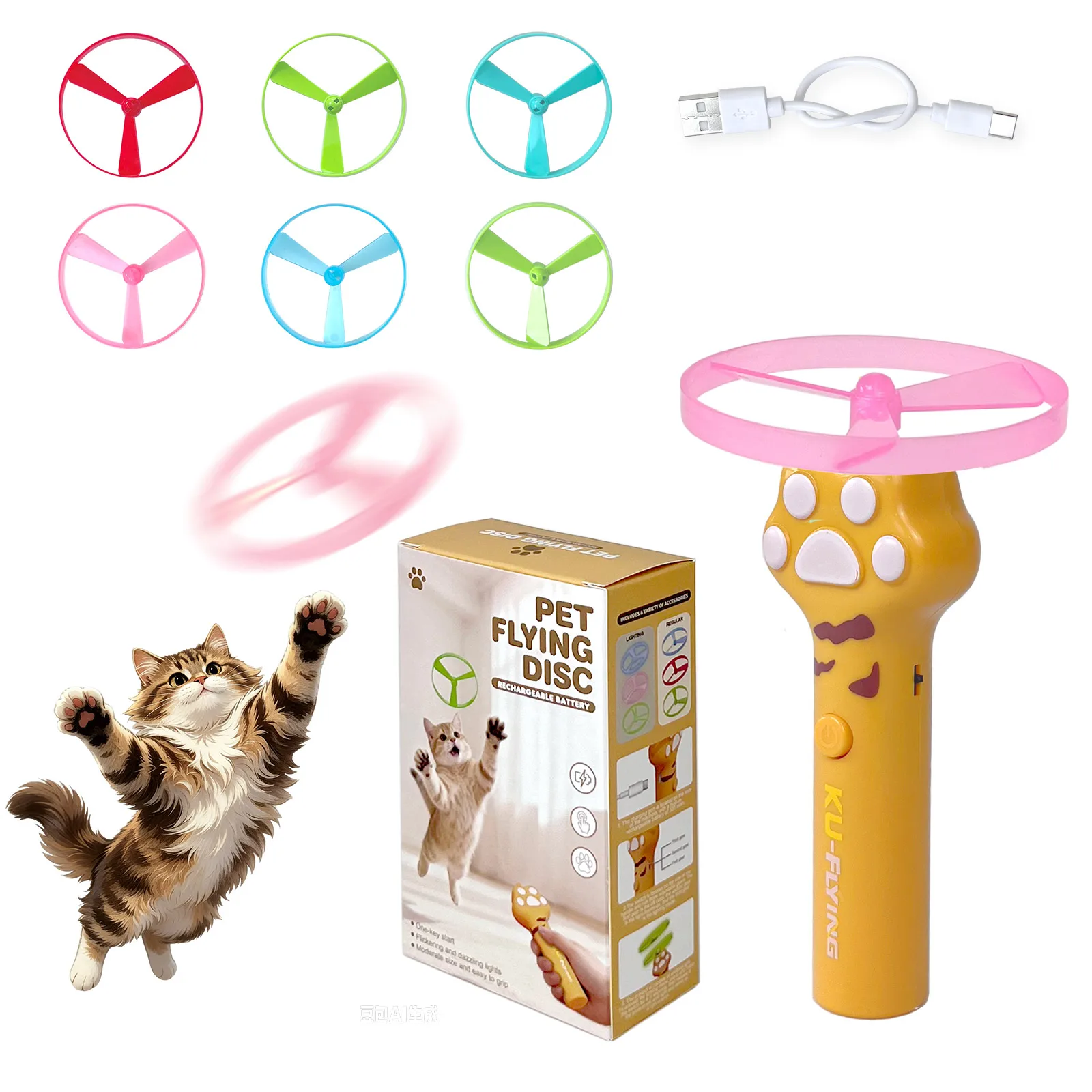 PUUROF LED Glowing Cat Toy Launcher USB Rechargeable Electric Flying Disc Interactive Soft Spinner Discs for Cats