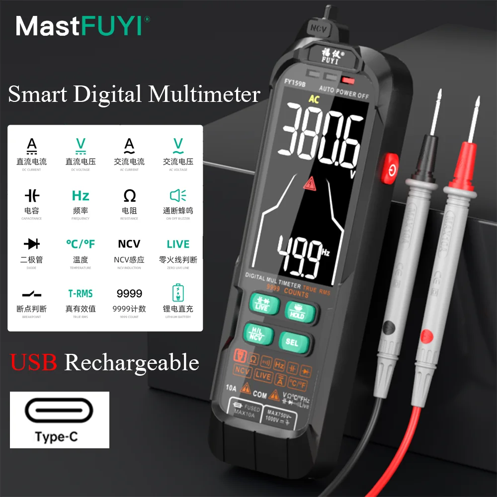 Multímetro Inteligente de Carga Usb Digital Profissional ac dc Detector de Tensão de Corrente Caneta Capacitância Temperatura Testador de Alcance Automático Mais Novo