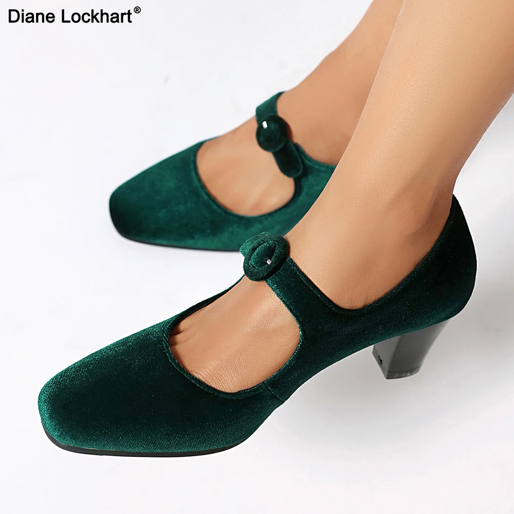 

Fashion Buckle Strap High Heels Women Pumps Velvet Mary Janes Shoes Green Heeled Party Wedding Office Shoes Ladies Large Size 43