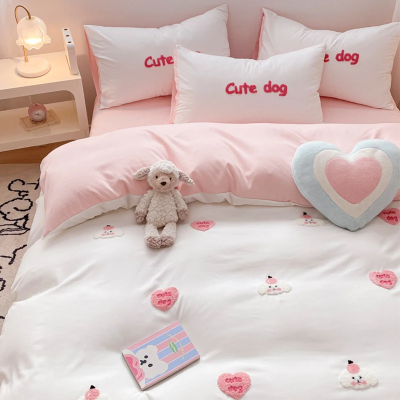 3pcs Dog Embroidered Duvet Cover Set, Cute Three-Dimensional Heart Pattern White Comforter Covers Cartoon Bedding for Kids Teens