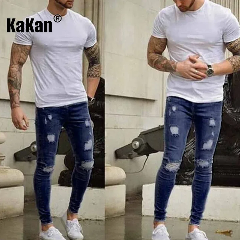 

Kakan - European and American New Tight White Worn Denim Jeans for Men, Small Foot Slim Fit Long Jeans K78-4003