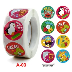 1inch 500Pcs/Roll of Reward Stickers Penguin Dinosaur Monkey Animals Motivation Sticker for Classroom Teacher Face Decoration