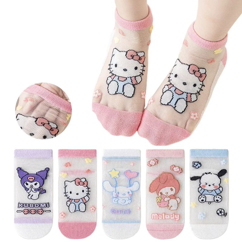 ถุงเท้าเด็กผู้หญิงลายซานริโอ้ คุโรมิ สำหรับฤดูร้อน แบบบาง สั้น โปร่งใส ระบายอากาศได้ดี ถุงเท้าตาข่ายสำหรับเด็ก ฤดูใบไม้ผลิ ถุงเท้าแบบเย็น