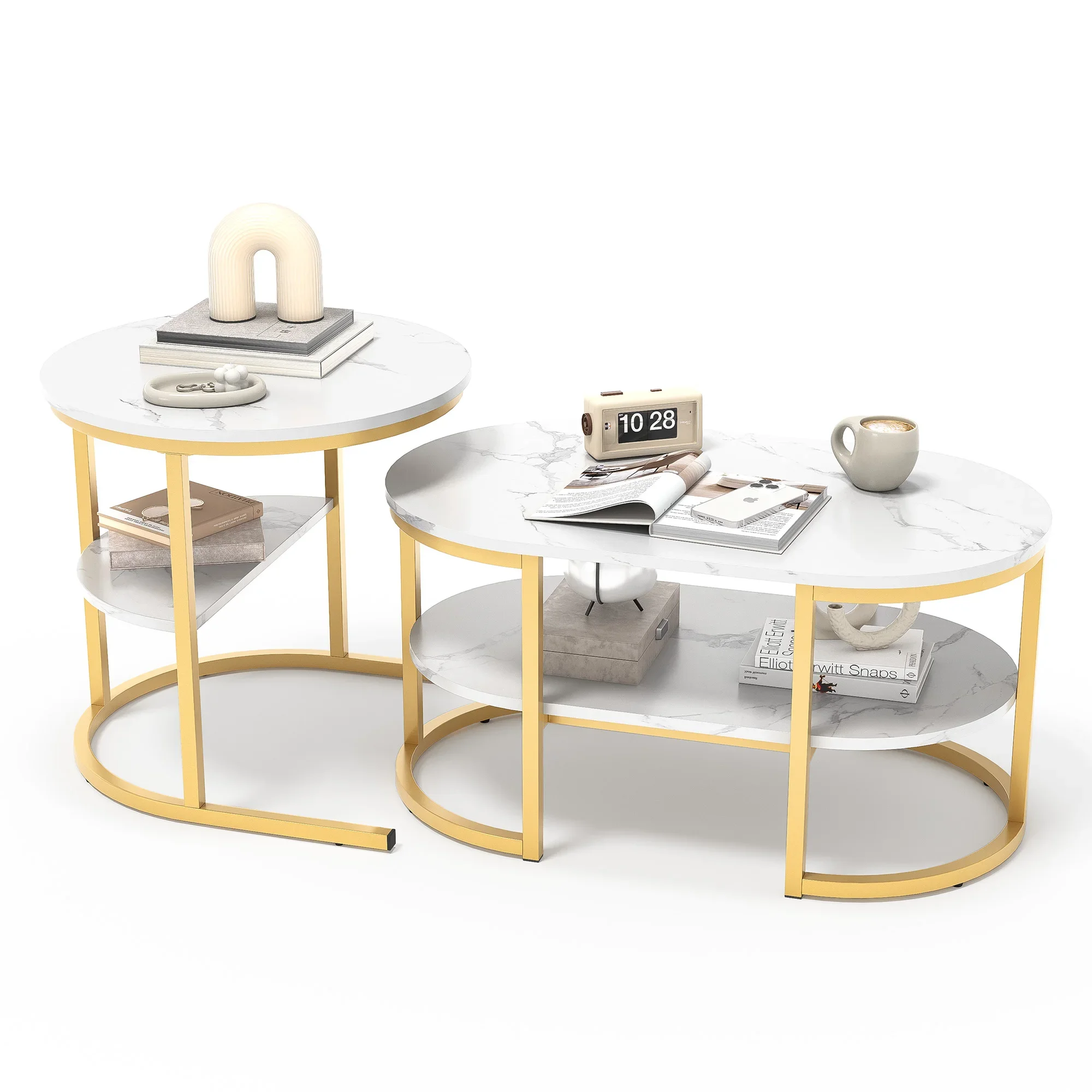 2-delige set salontafel, 2-in-1 woonkamertafel met opbergruimte, moderne banktafel, rond en rechthoekig in marmerlook