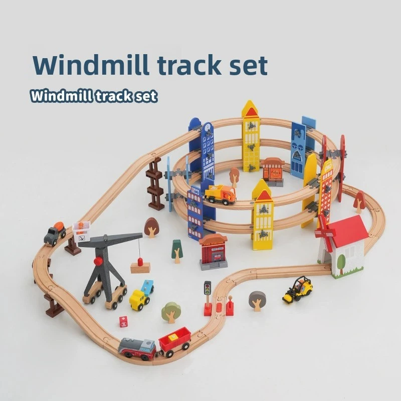 Windmill Wooden Track Set Multi-layer Spiral Urban Road Wooden Train Track Compatible with All Wood Tracks Train Toys for Kids