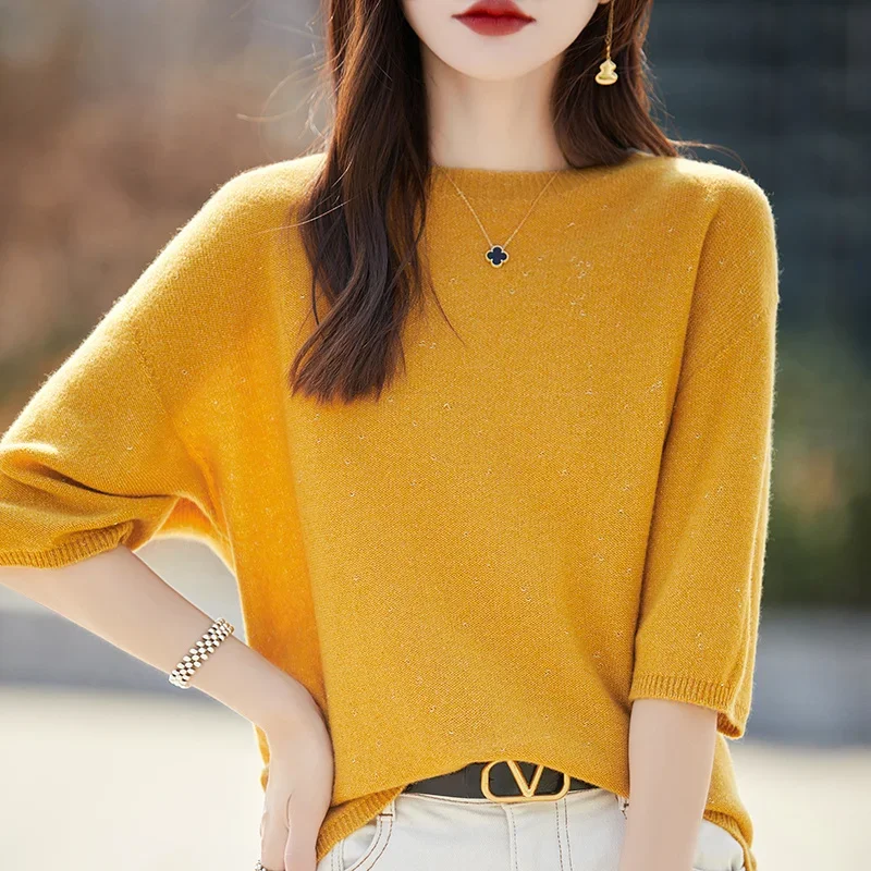 Female 2024 Spring Summer Pure Wool Cashmere Sweater Women's Round Neck Gold Bean Yarn Knitted Short Sleeve Loose Soft T-Shirts