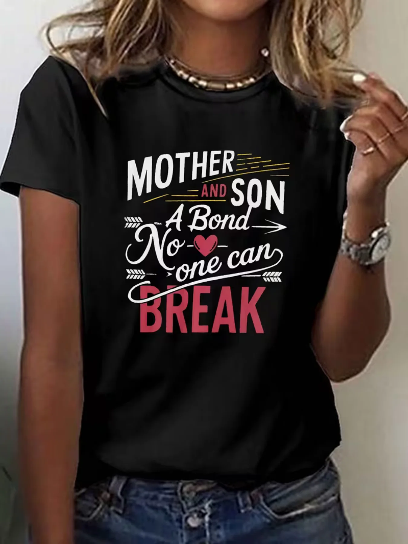 Mother And Son A Bond No One Can Break Heart Arrow Print T Shirt Women Family Love Polyester Short Sleeve Graphic Top