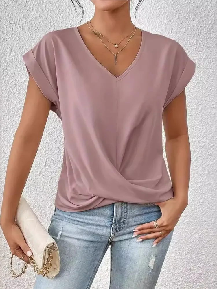 Sexy V Neck Short Sleeve Shirt Blouse Tops Office Lady Spring Summer Casual Loose Solid White Tshirt For Women 2024 Female Tees