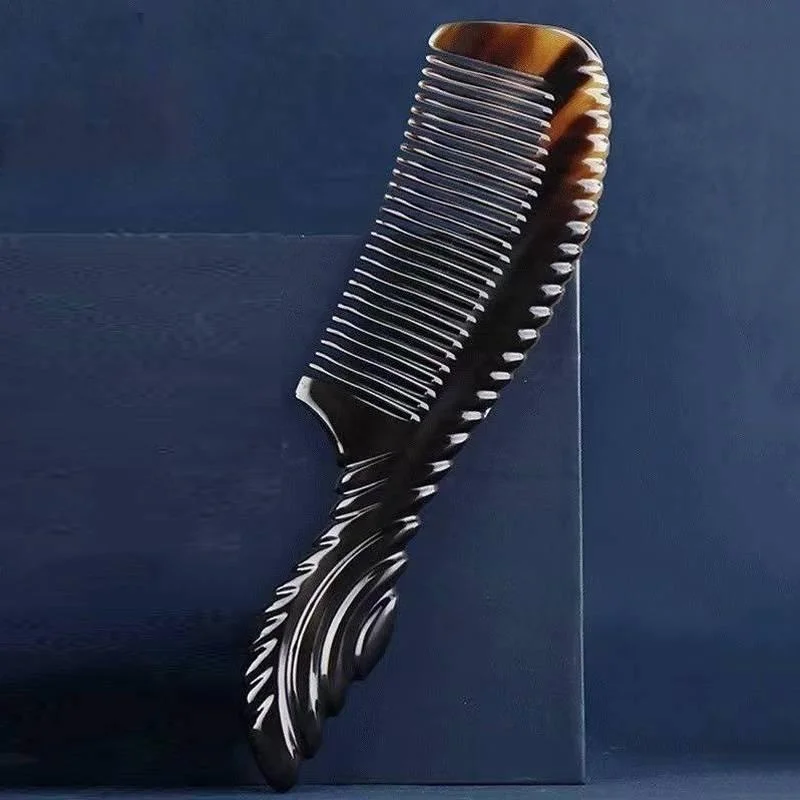 Natural Horn Comb Carving Anti-Static Traditional Fine Tooth Hair Care Head Scalping Massage Cattle Comb Brush for Women Men