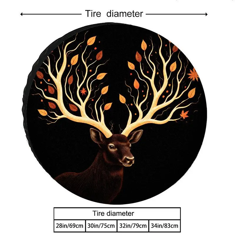 Golden Branch Autumn Leaf Deer Antler Art Pattern Polyester Tire Cover, Dustproof Sunscreen UV Spare Tire Cover, SUV Off-Road V