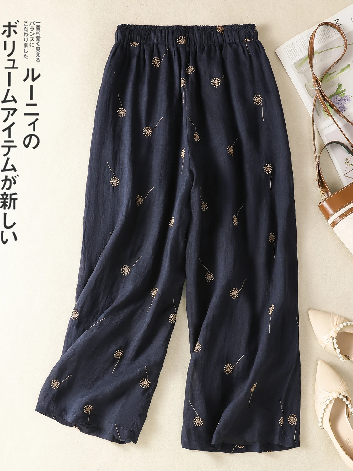 Pantalones de pierna ancha de lino y algodón con bordado pesado Retro para mujer, pantalones holgados adelgazantes informales de lino de pierna recta, pantalones de nueve piezas