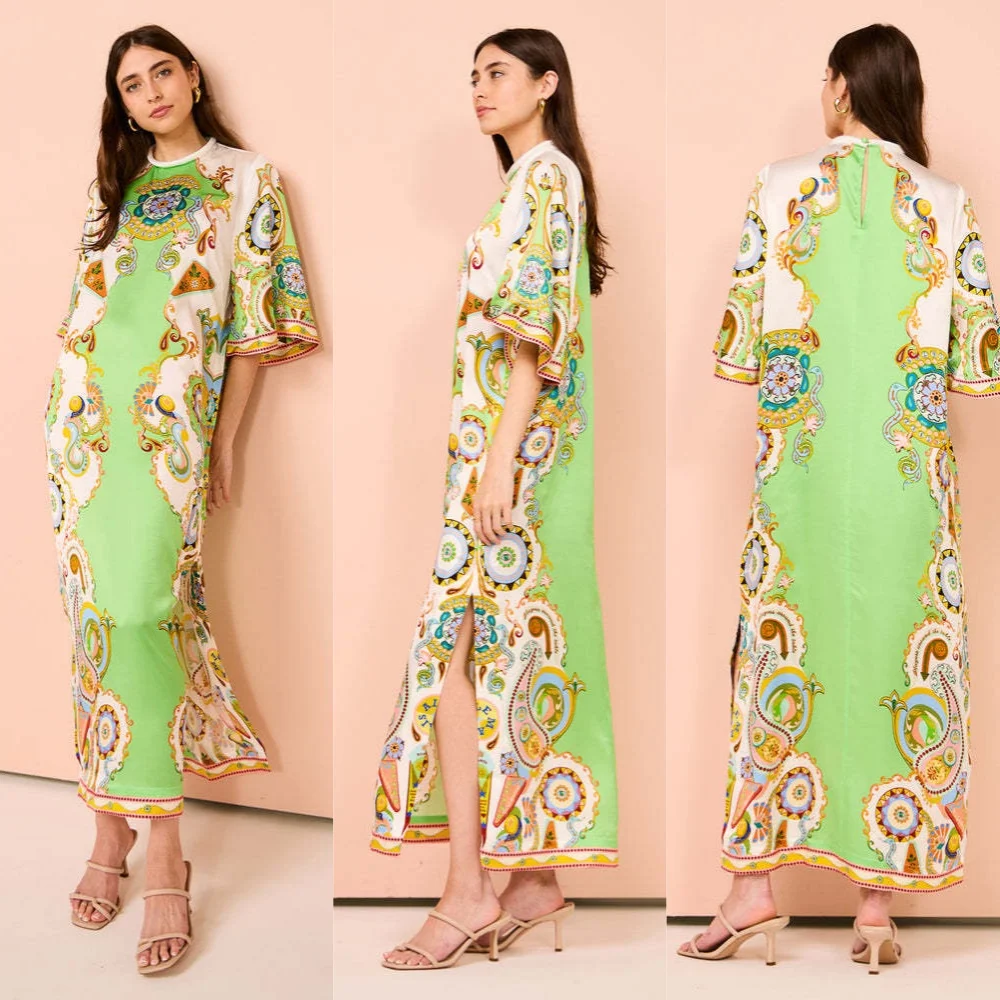 Robe maxi fendue en satin pour femme, positionnement imprimé, été, nouveau, 2024