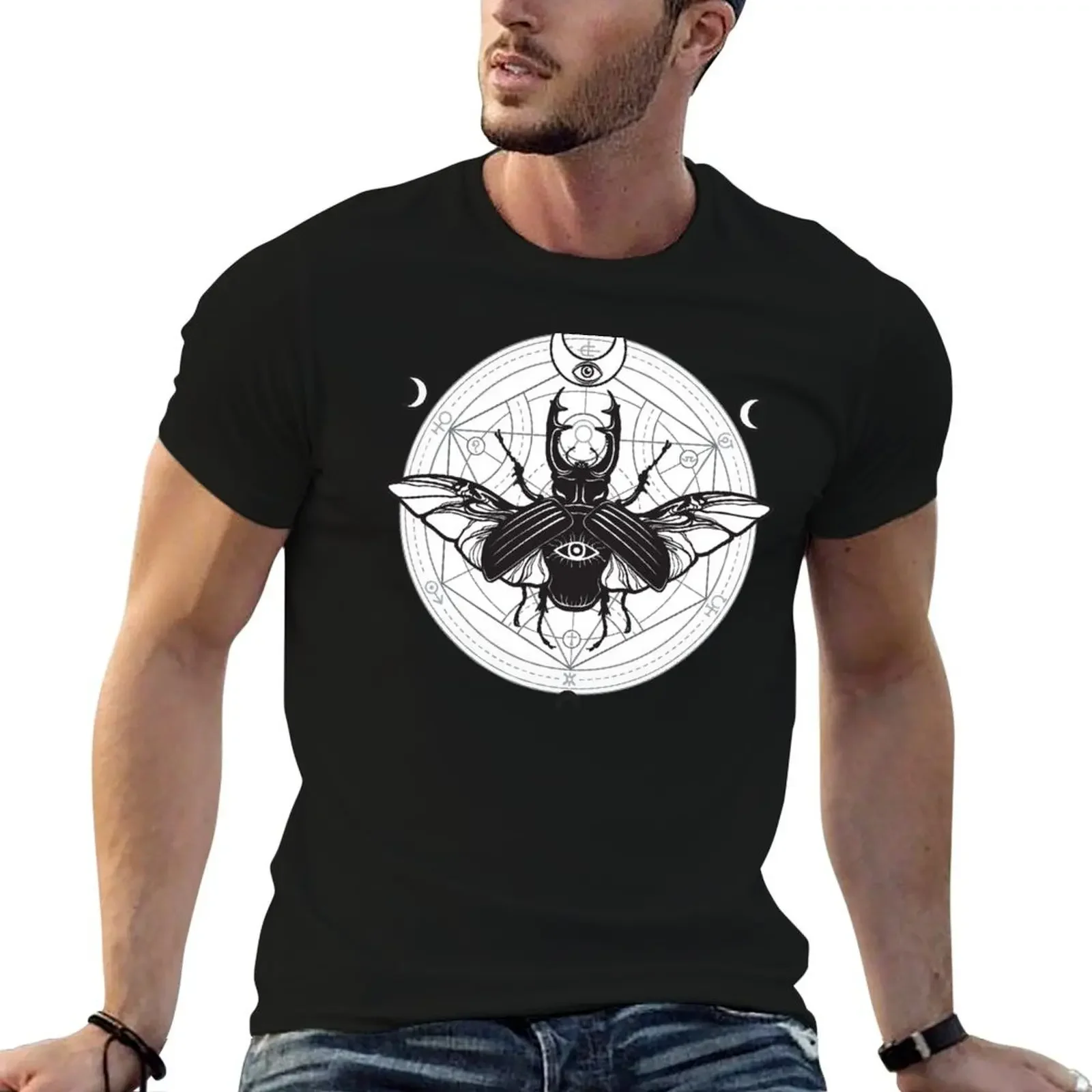 

Beetle with Sacred Geometry, All-Seeing Eye and Crescent Moons T-Shirt plus size tops vintage t shirts customizeds Men's t-shirt