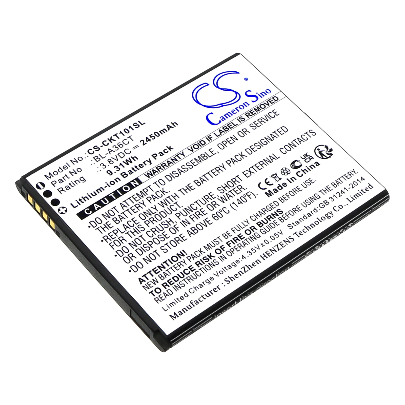 CS Replacement Battery for Cricket Debut Smart,SL101AE PN:BL-A36CT 2450mAh / 9.31Wh