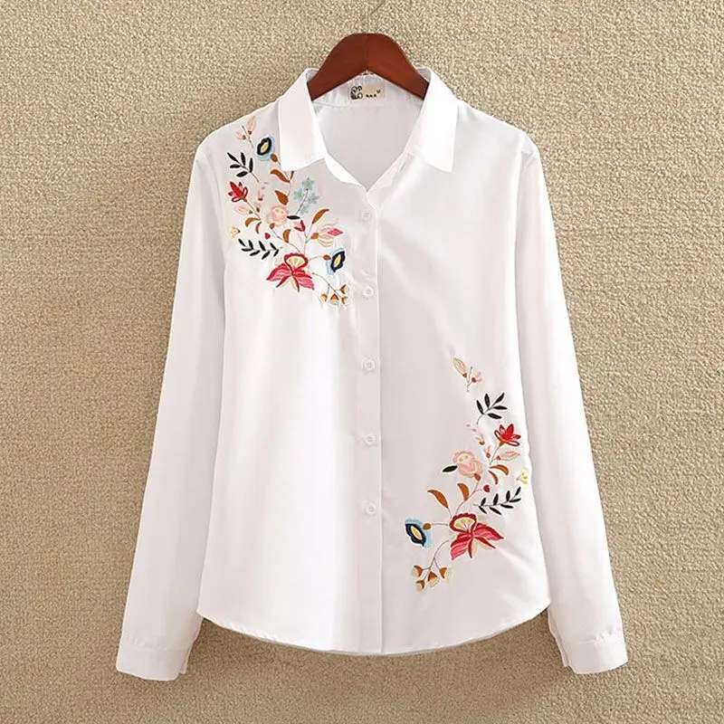 2025 Spring New Embroidered Embroidered Shirt Women Long-sleeved Bottoming Shirt Plus Fat Plus Size Women White Shirt Button Top