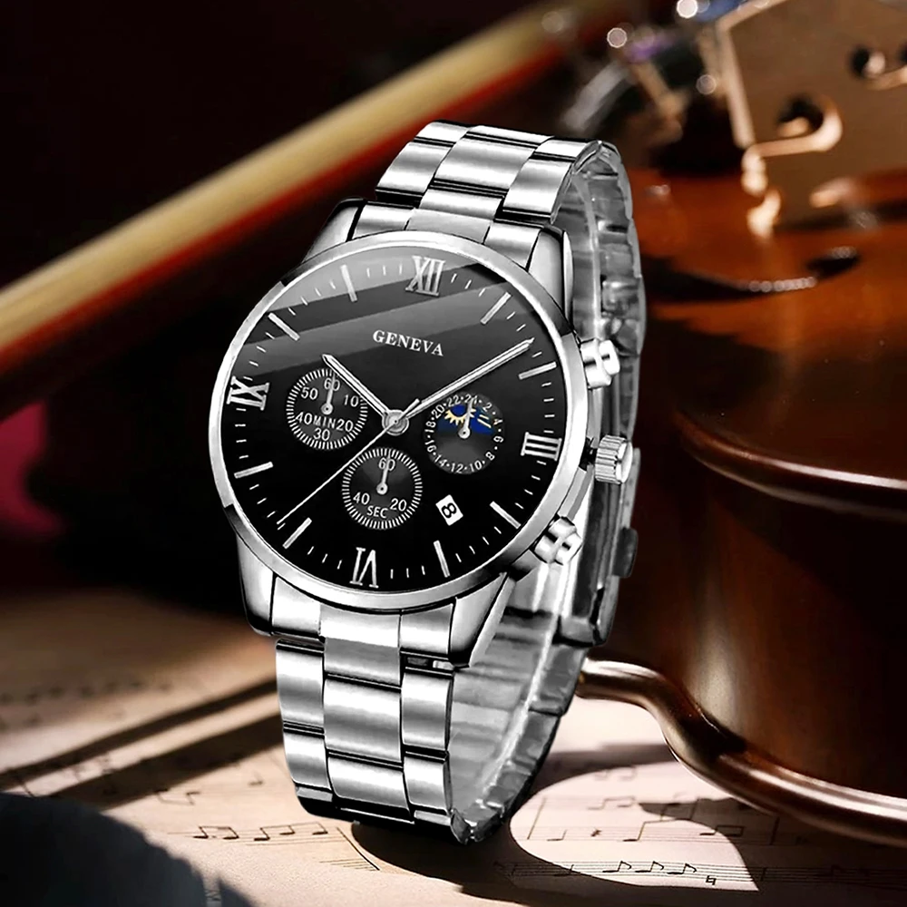 طقم ساعات رجالية مكون من 4 قطع، ساعة كوارتز عصرية للأعمال، قلادة متقاطعة، قلادة، خاتم، سوار، مجموعة مجوهرات هدية مثالية له