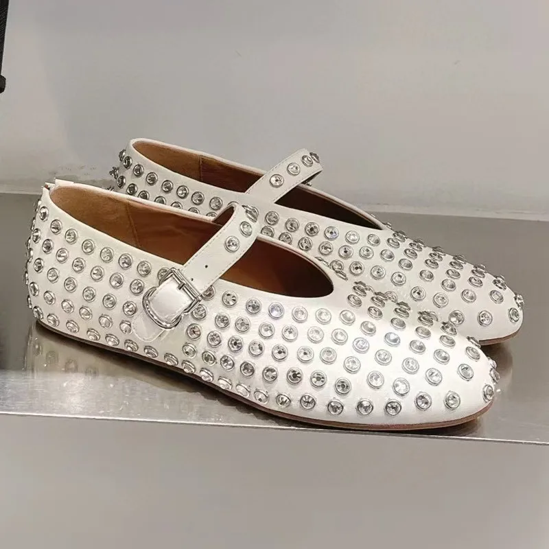 

Балетки Мэри Джейн на плоской подошве с заклепками и стразами, французские повседневные кожаные туфли с прямой пряжкой и отверстиями для обуви