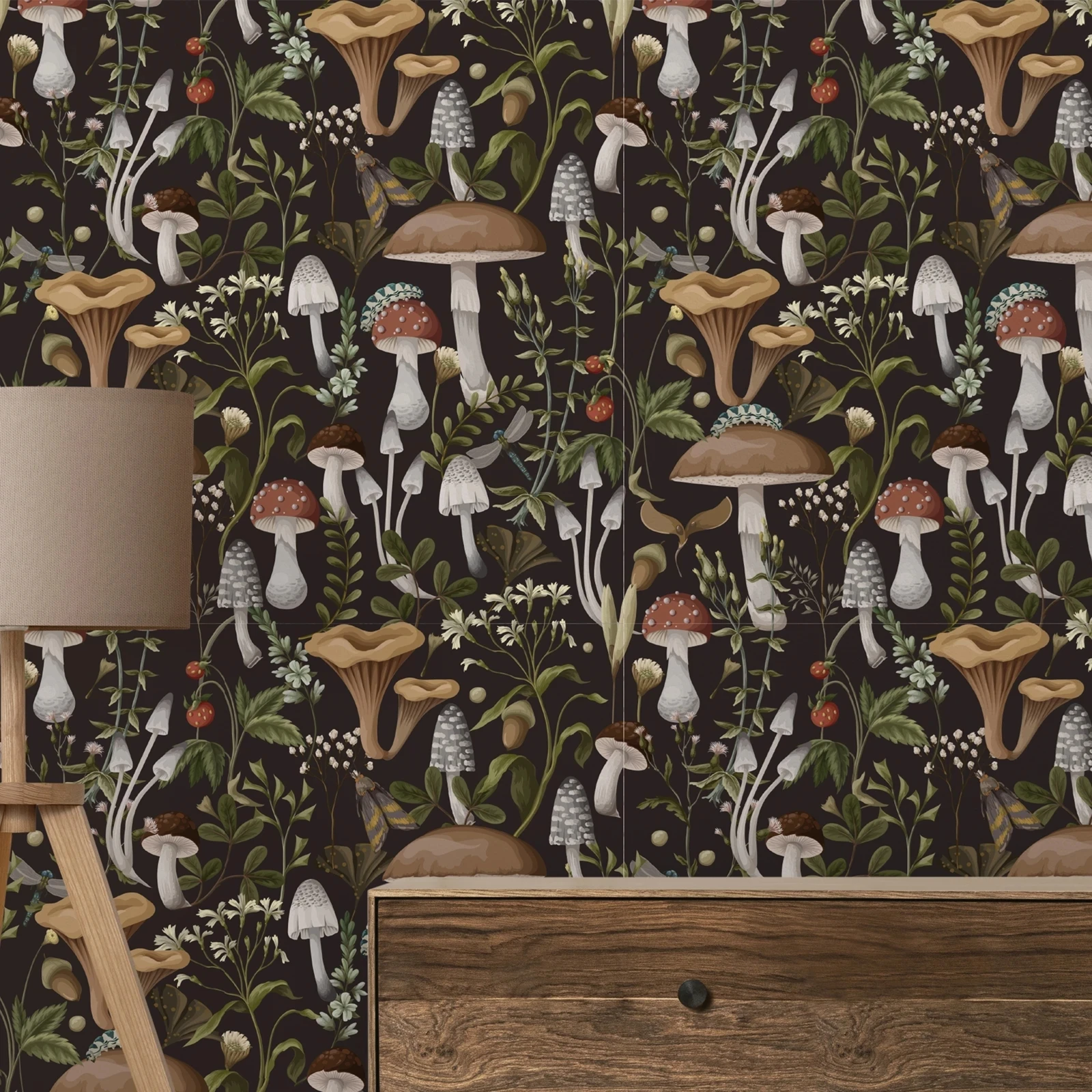 

Обои «Червые лесные грибы» с кожурой и наклейкой, волшебные темные обои для украшения комнаты/настенное искусство, размер 50 см * 300 см