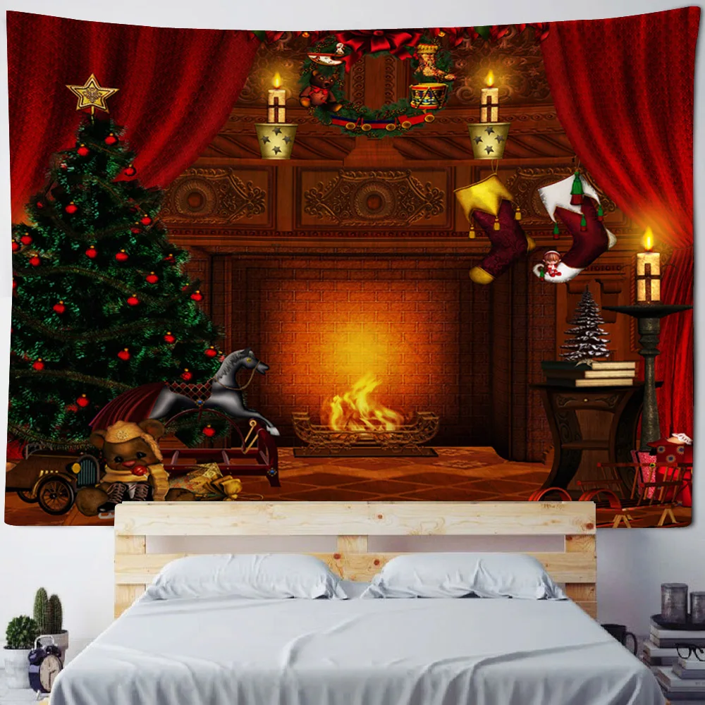 Christmas tapestry, Christmas tree fireplace, home decoration, soft hanging cloth, snow painting, living room and bedroom