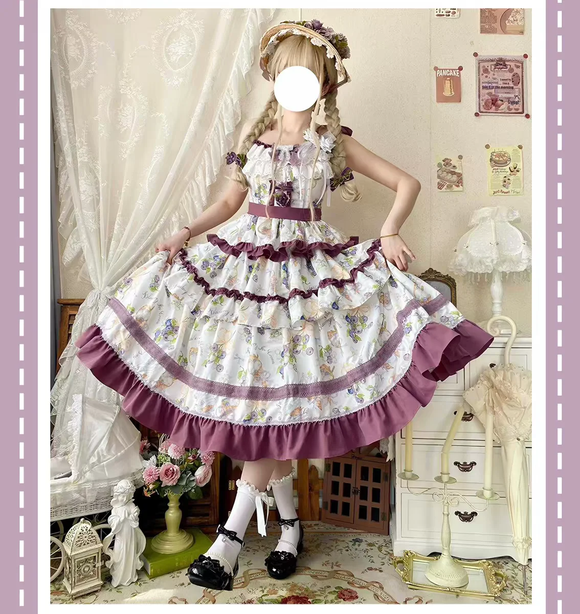 Kawaii Grape Print Princess Dress with Ruffles Bow Vintage Victorian Style Evening Party Sweet Elegant Lolita Jsk Dress for Wome view 4