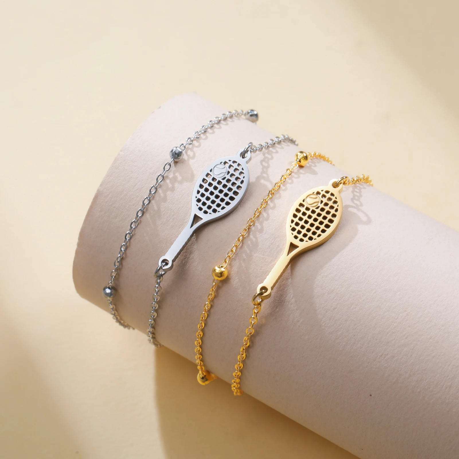 Sport Tennis Racket Charm Women's Bracelet Stainless Steel Tennis Ball Double Chains Beads Hand Bracelet Jewelry Gift 2026