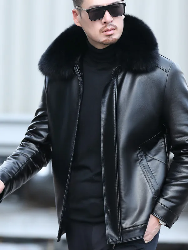 

Мужская зимняя куртка из натуральной кожи с меховым воротником, утепленная, деловая повседневная, длинная, на молнии
