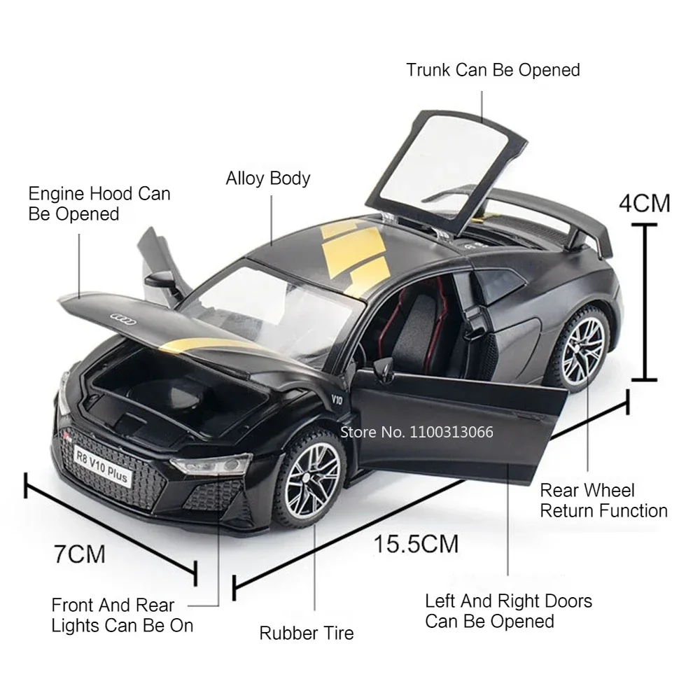 1:32 R8 V10 PLUSモデル おもちゃ 車 ゴムタイヤ 4ドア開閉 スーパーカー プルバック ライト サウンド スポーツカー 幼児 キッズ ギフト