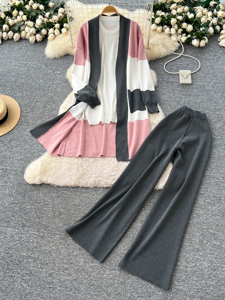 

Loose Knitted Open Cardigan Top plus round Ne Svel Top High Waist Wide Leg Pants Faionable Color Blo Outerwear