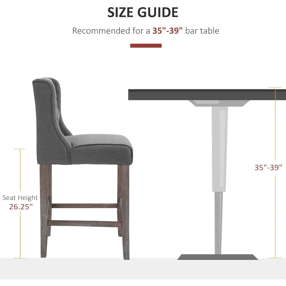 مقعد بار بارتفاع 26.25، كرسي طعام مبطن بدون ذراعين مع أرجل خشبية مطاطية، طقم من قطعتين، رمادي #3