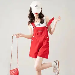 Korean Fashion Red Overalls Shorts Suspender Jumpsuit Cargo Pants for Women Girl Party Streetwear Summer Spring Vintage Clothing