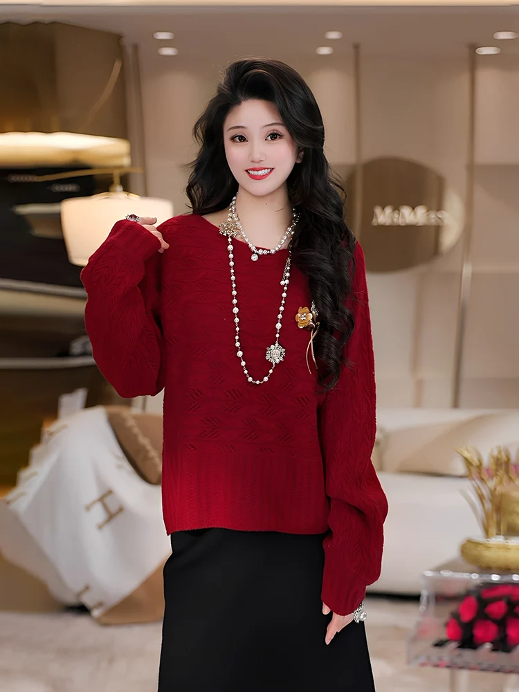 

Утепленный красный свитер из чистого кашемира для женщин: мягкий, уютный, вязаный, повседневный, свободного кроя, с круглым вырезом, для зимы