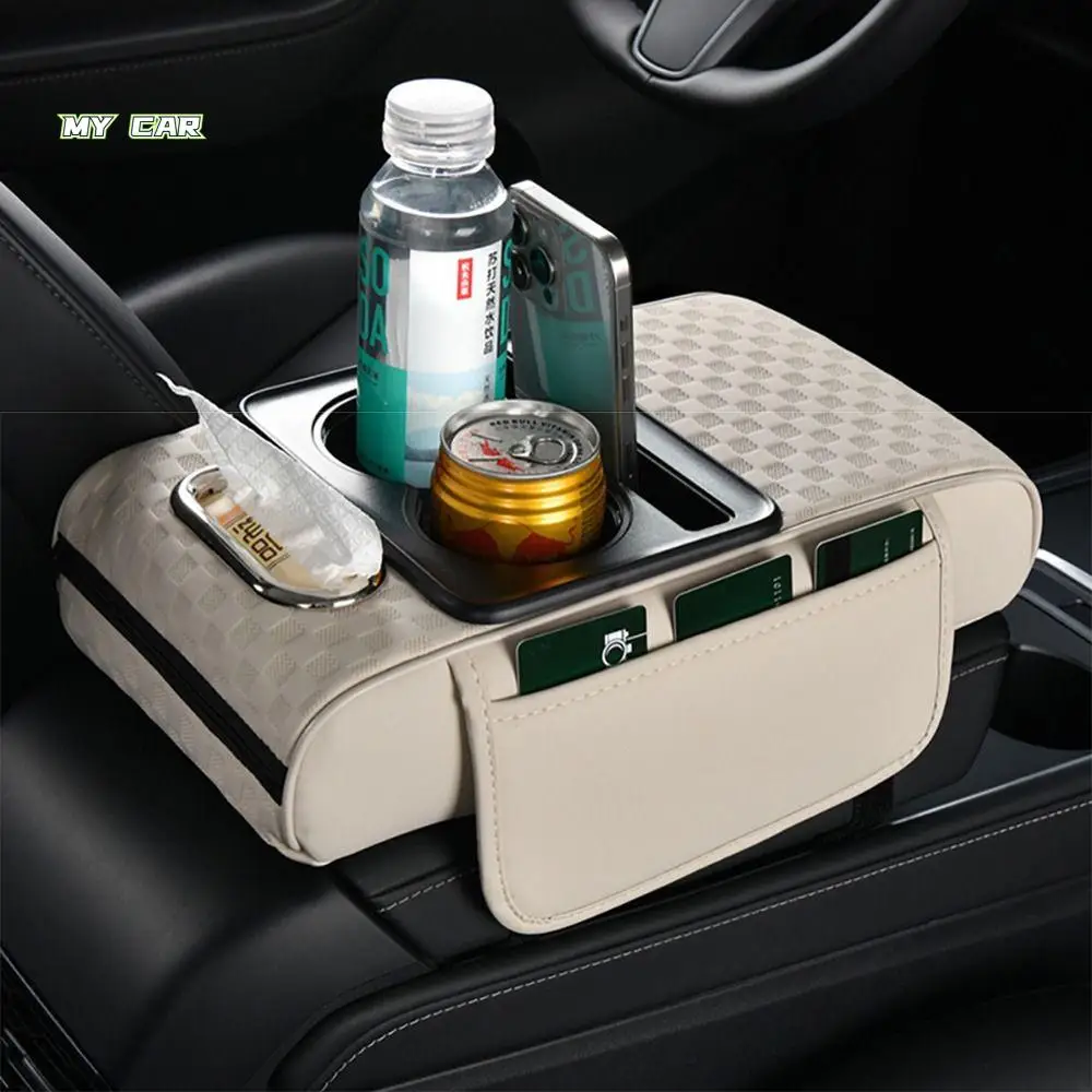 

Nappa Leather Center Console Armrest Cushion Tissue Box 2 Cup Holder Car Elbow Support Pad Non-slip Thicken Auto Armrest Cover