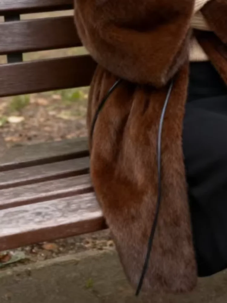 

Elegant Lace Up Faux Fur Coat Women Fashion V-neck Long Sleeve Loose Plush Jacket 2025 Winter Lady Warm Daily Commute Outerwear