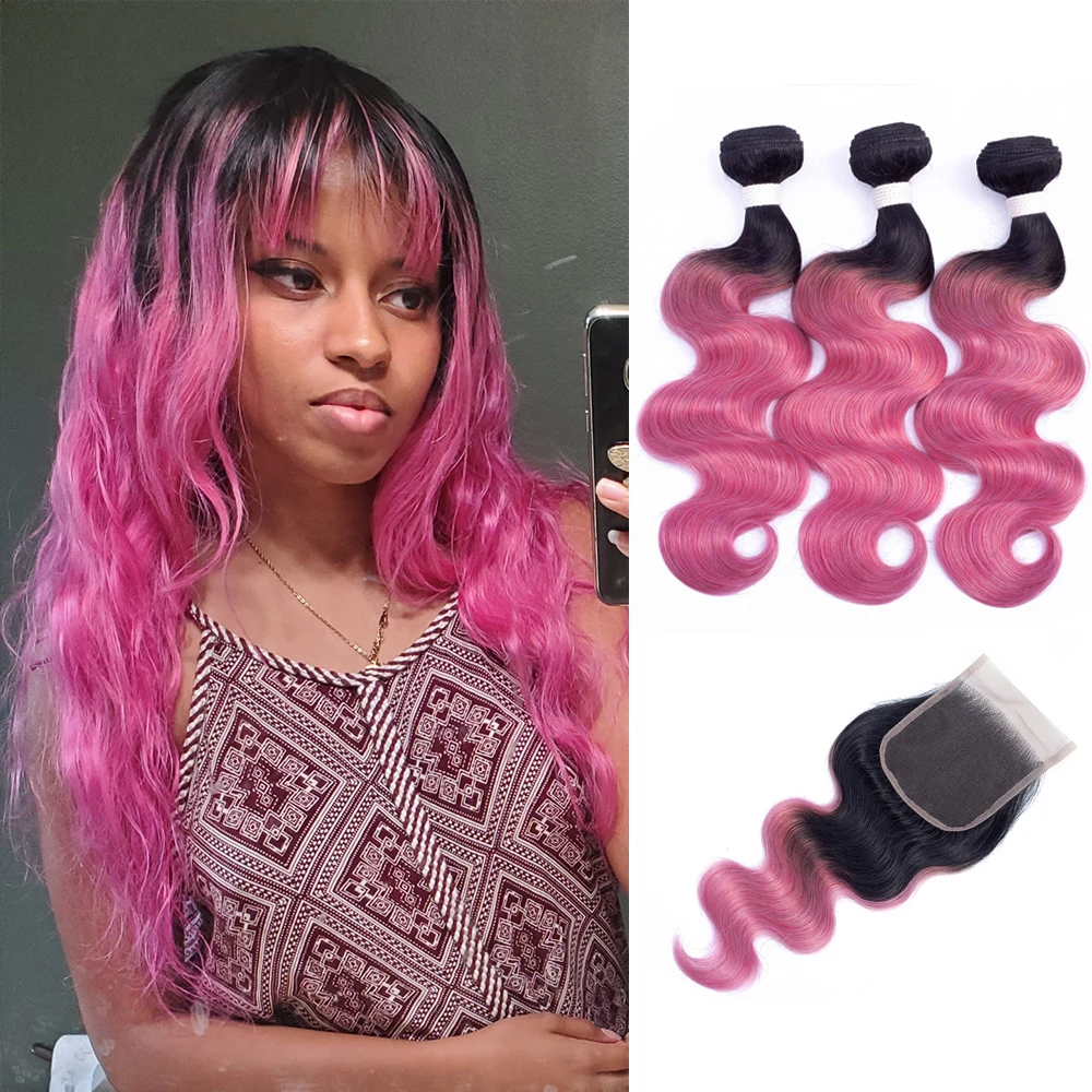 MogulHair-extensiones de cabello humano Remy con cierre, accesorio capilar con ondas de encaje transparente, color rosa, 1B, 2/3 mechones, 10-22 pulgadas