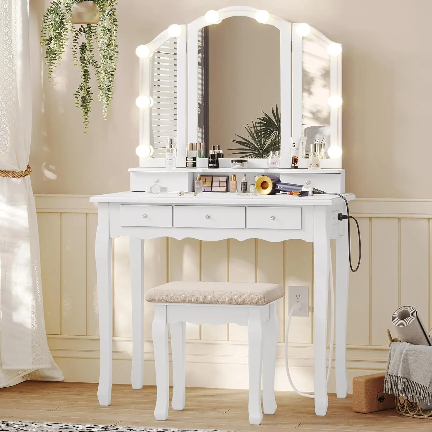 

Desk with Mirror and 3 Colors of Lighting Effects, Vanity Table with Tri-Fold Mirror & Necklace Hooks, Makeup Table with Stool