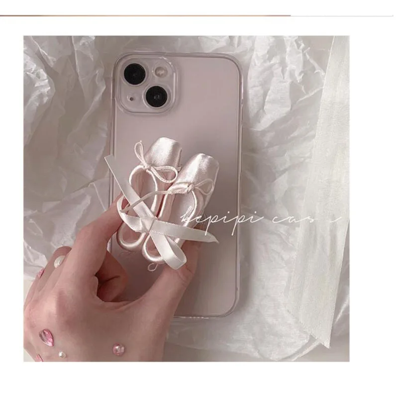 3D corea Ballet Shoes Ring Holder Stand custodia morbida trasparente per iphone 15 13 12 11 14 Pro MiNi XR X 6 7 8 Plus SE Cover